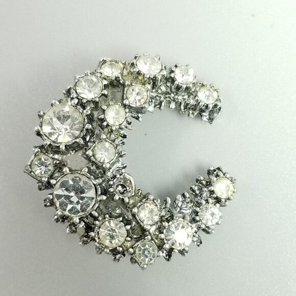 Vintage Rhinestone Crescent Moon Shape Brooch, Silver Tone Lapel Pin, Estate - Picture 7 of 7